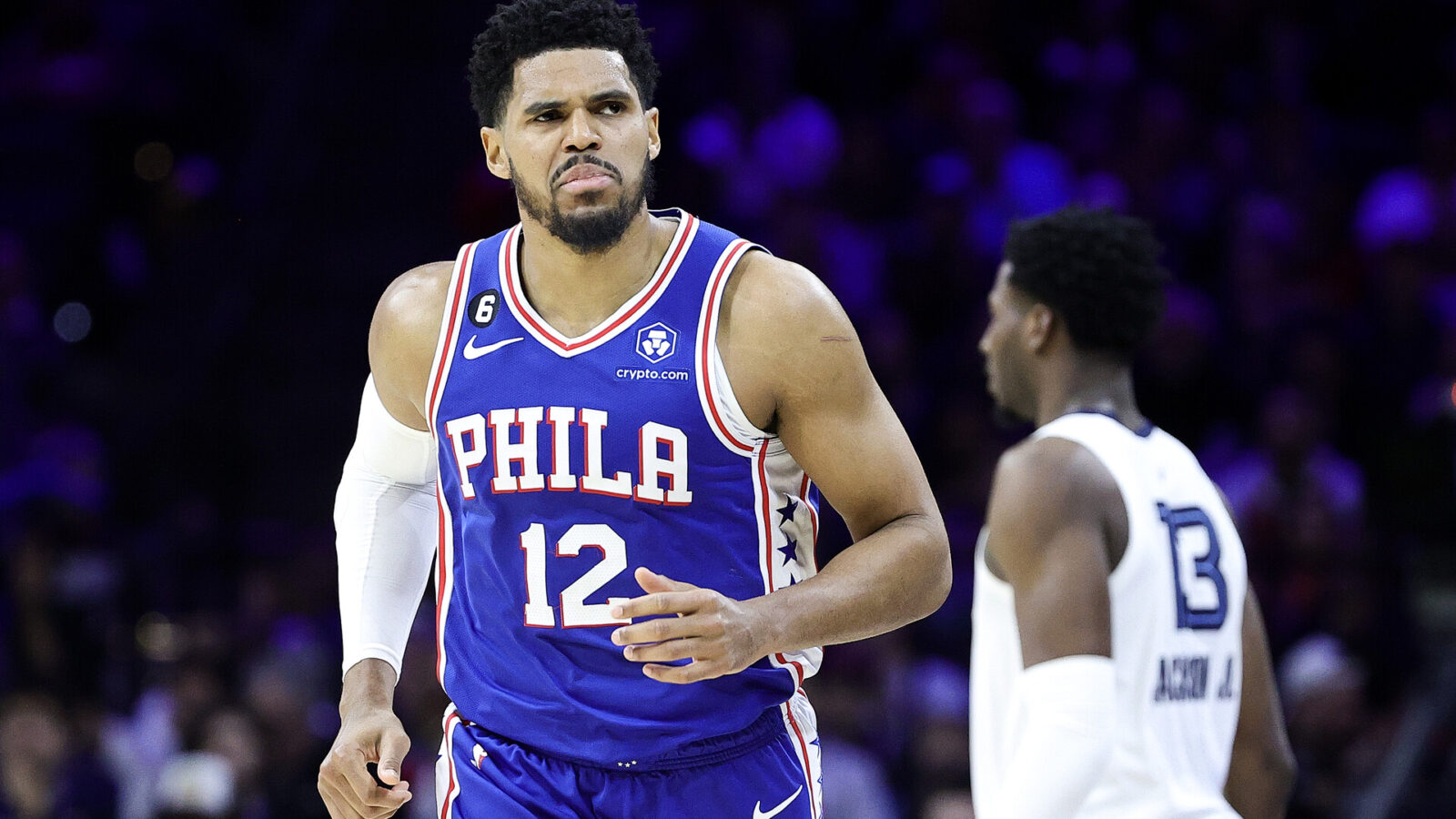 PHILADELPHIA, PENNSYLVANIA - FEBRUARY 23: Tobias Harris #12 of the Philadelphia 76ers reacts during the second quarter against the Memphis Grizzlies at Wells Fargo Center on February 23, 2023 in Philadelphia, Pennsylvania. NOTE TO USER: User expressly acknowledges and agrees that, by downloading and or using this photograph, User is consenting to the terms and conditions of the Getty Images License Agreement. (Photo by