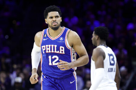 PHILADELPHIA, PENNSYLVANIA - FEBRUARY 23: Tobias Harris #12 of the Philadelphia 76ers reacts during the second quarter against the Memphis Grizzlies at Wells Fargo Center on February 23, 2023 in Philadelphia, Pennsylvania. NOTE TO USER: User expressly acknowledges and agrees that, by downloading and or using this photograph, User is consenting to the terms and conditions of the Getty Images License Agreement. (Photo by