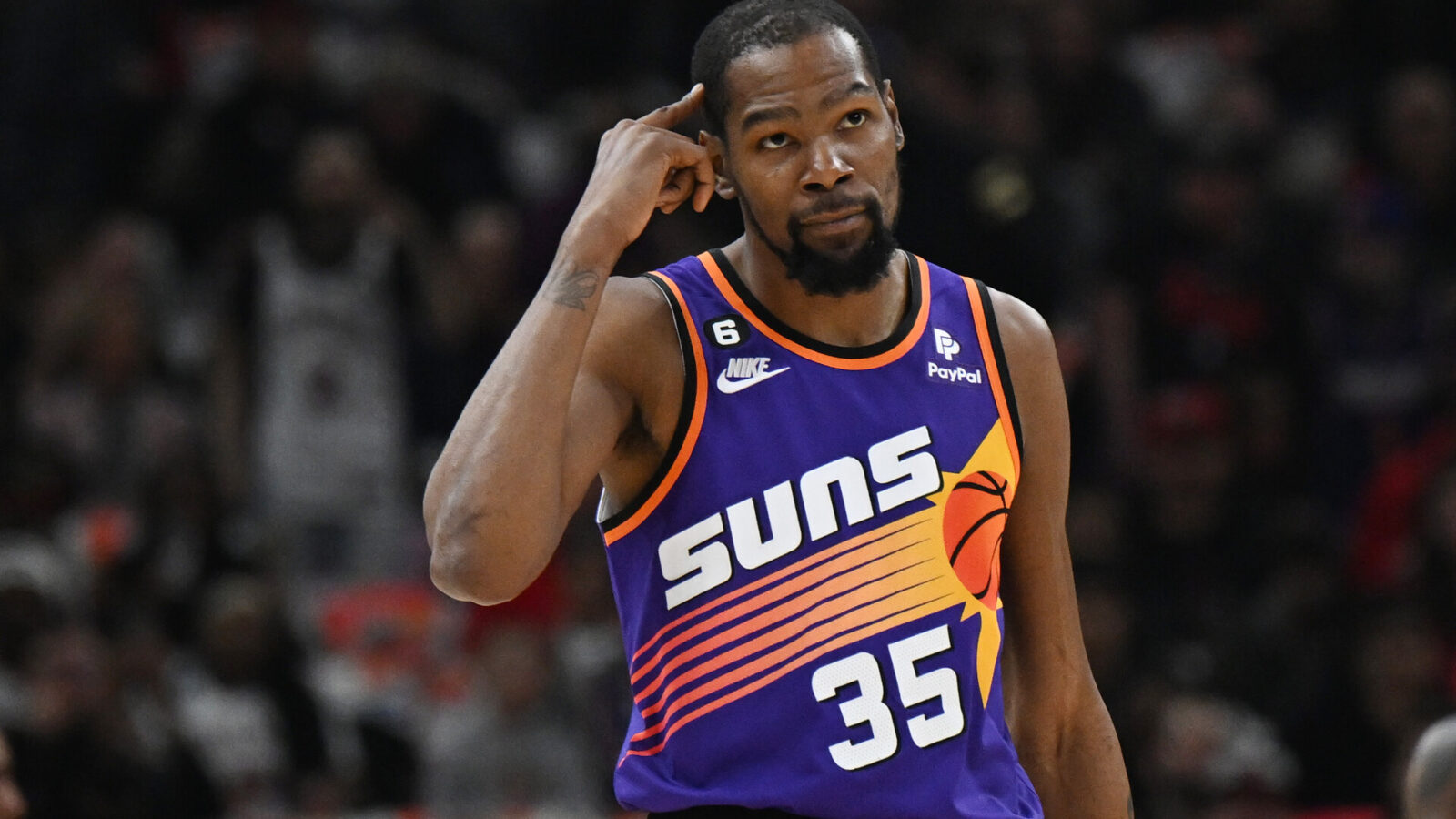 Kevin Durant #35 of the Phoenix Suns during the game against the Chicago Bulls at United Center on March 03, 2023 in Chicago, Illinois.