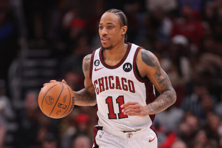 DeMar DeRozan #11 of the Chicago Bulls dribbles against the Brooklyn Nets during the second half at United Center on February 24, 2023 in Chicago, Illinois.