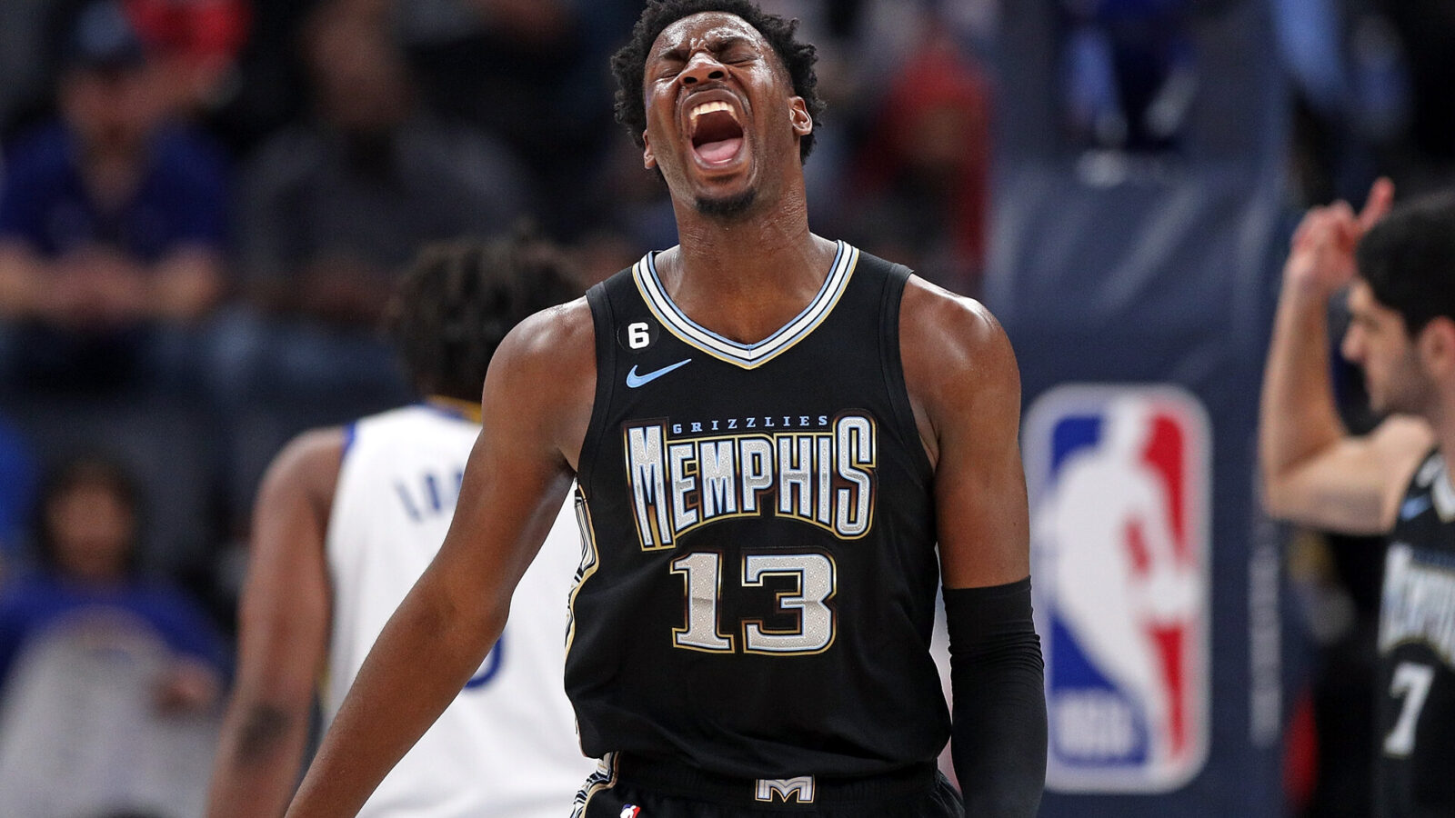 Jaren Jackson Jr. #13 of the Memphis Grizzlies reacts during the game against the Golden State Warriors at FedExForum on March 09, 2023 in Memphis, Tennessee.