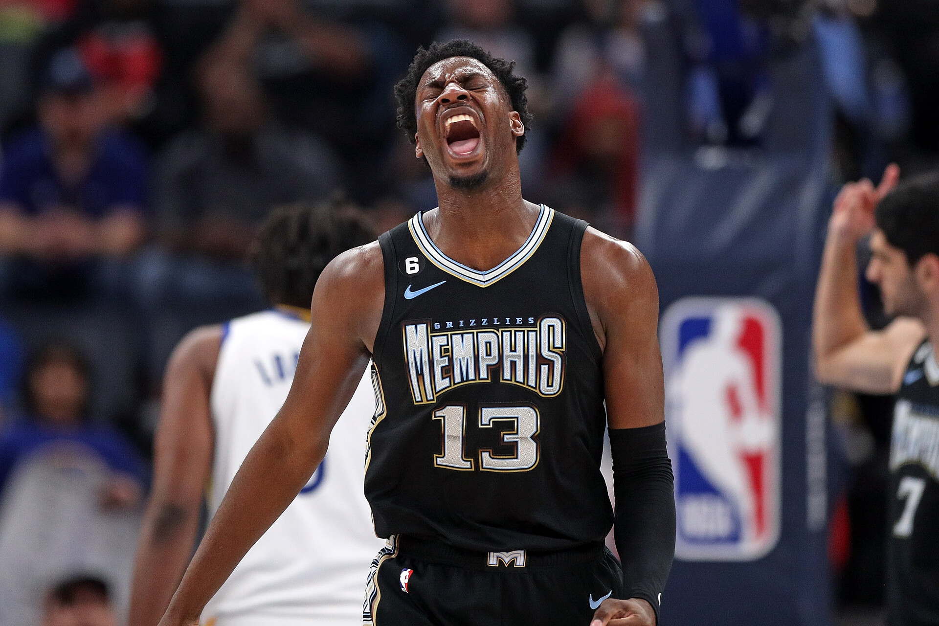 Jaren Jackson Jr. #13 of the Memphis Grizzlies reacts during the game against the Golden State Warriors at FedExForum on March 09, 2023 in Memphis, Tennessee.