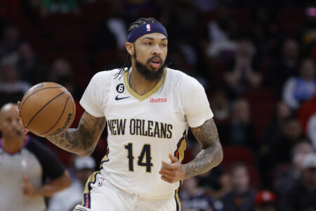 Brandon Ingram #14 of the New Orleans Pelicans controls the ball against the Houston Rockets during the first half at Toyota Center on March 17, 2023 in Houston, Texas.