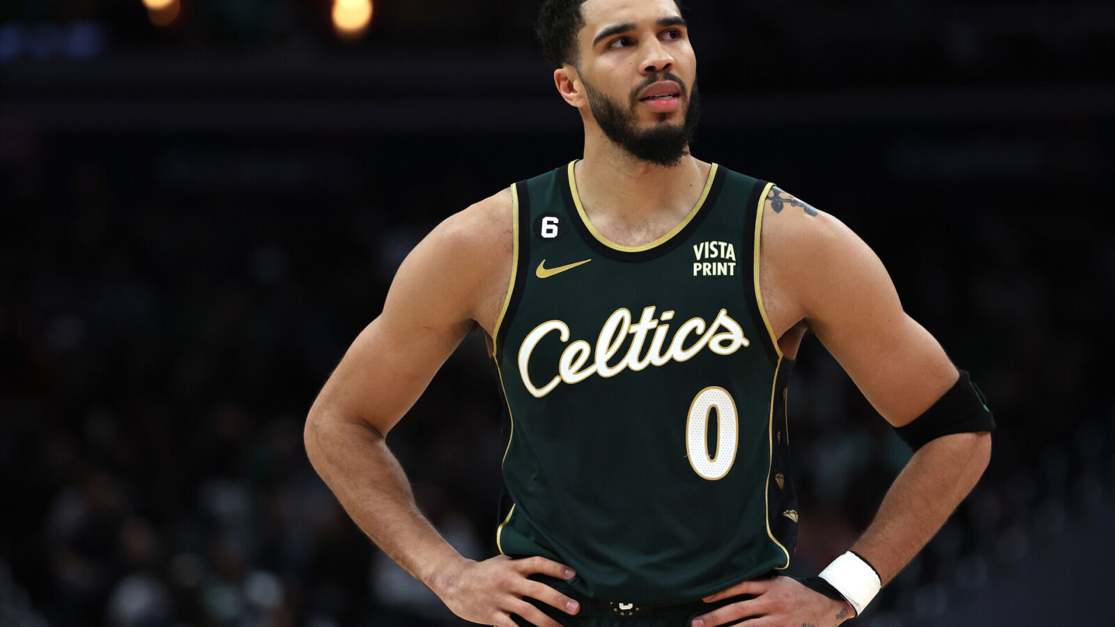 Jayson Tatum #0 of the Boston Celtics reacts against the Washington Wizards during the second half at Capital One Arena on March 28, 2023 in Washington, DC.