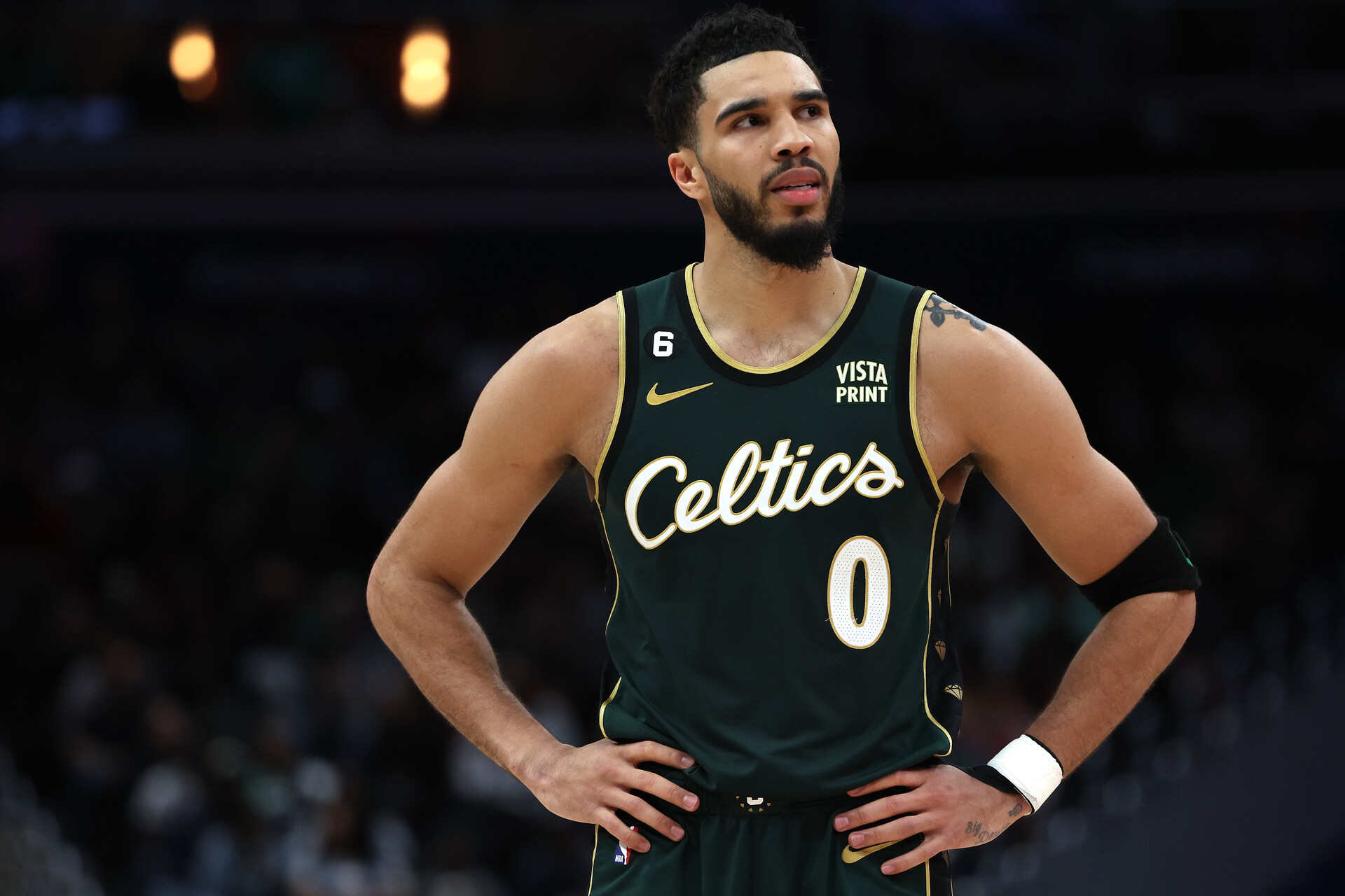 Jayson Tatum #0 of the Boston Celtics reacts against the Washington Wizards during the second half at Capital One Arena on March 28, 2023 in Washington, DC.