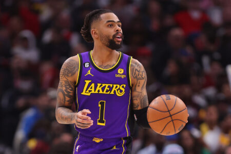 D'Angelo Russell #1 of the Los Angeles Lakers dribbles against the Chicago Bulls during the second half at United Center on March 29, 2023 in Chicago, Illinois.
