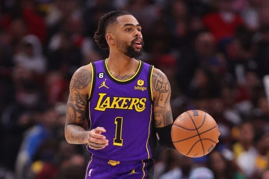 D'Angelo Russell #1 of the Los Angeles Lakers dribbles against the Chicago Bulls during the second half at United Center on March 29, 2023 in Chicago, Illinois.