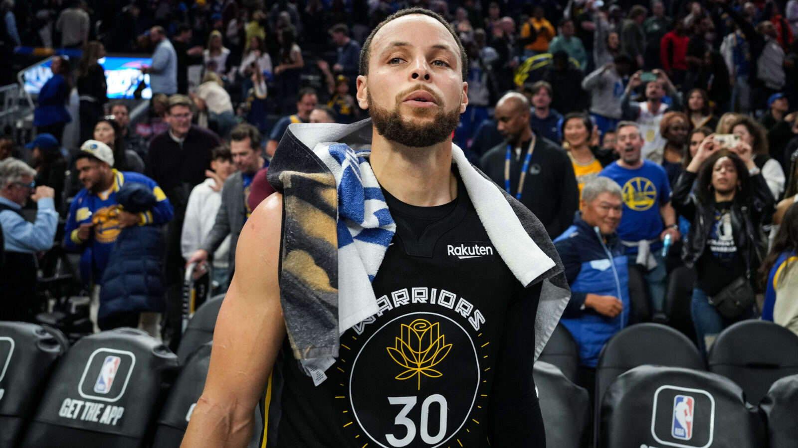 Stephen Curry #30 of the Golden State Warriors reacts following a victory over the New Orleans Pelicans at Chase Center on March 28, 2023 in San Francisco, California.