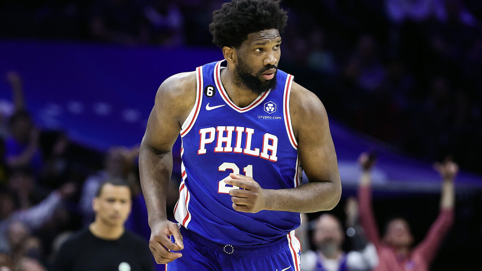 PHILADELPHIA, PENNSYLVANIA - APRIL 04: Joel Embiid #21 of the Philadelphia 76ers reacts during the fourth quarter against the Boston Celtics at Wells Fargo Center on April 04, 2023 in Philadelphia, Pennsylvania. NOTE TO USER: User expressly acknowledges and agrees that, by downloading and or using this photograph, User is consenting to the terms and conditions of the Getty Images License Agreement. (Photo by