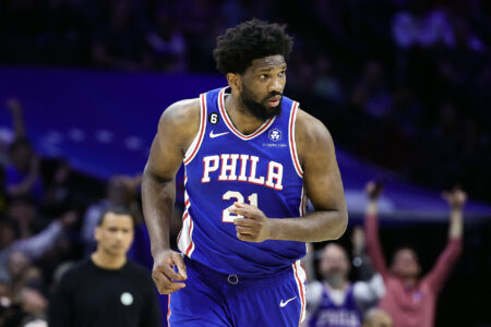 PHILADELPHIA, PENNSYLVANIA - APRIL 04: Joel Embiid #21 of the Philadelphia 76ers reacts during the fourth quarter against the Boston Celtics at Wells Fargo Center on April 04, 2023 in Philadelphia, Pennsylvania. NOTE TO USER: User expressly acknowledges and agrees that, by downloading and or using this photograph, User is consenting to the terms and conditions of the Getty Images License Agreement. (Photo by