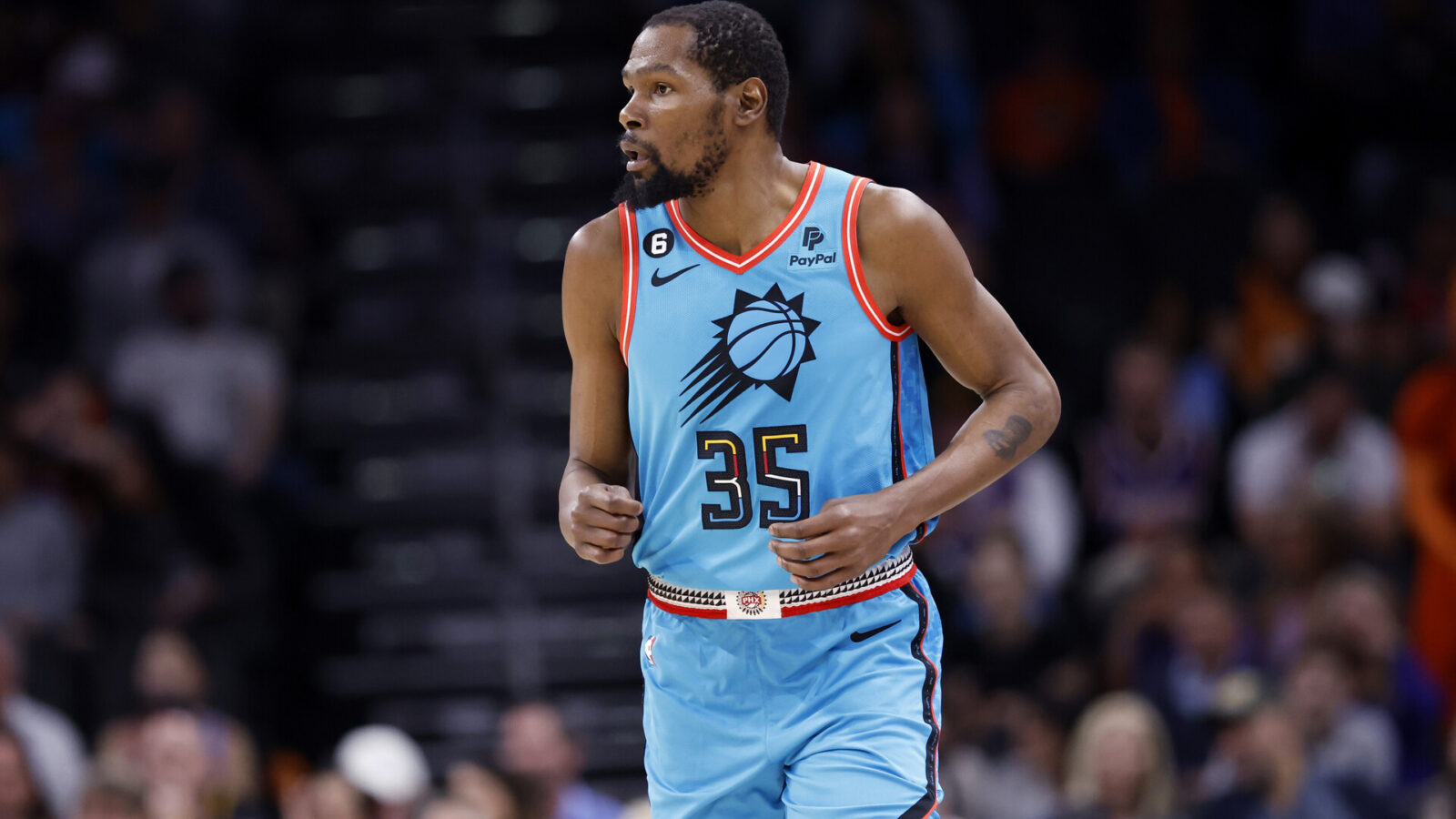 PHOENIX, ARIZONA - APRIL 04: Kevin Durant #35 of the Phoenix Suns during the game against the San Antonio Spurs at Footprint Center on April 04, 2023 in Phoenix, Arizona. The Suns beat the Spurs 115-94. NOTE TO USER: User expressly acknowledges and agrees that, by downloading and or using this photograph, User is consenting to the terms and conditions of the Getty Images License Agreement. (Photo by