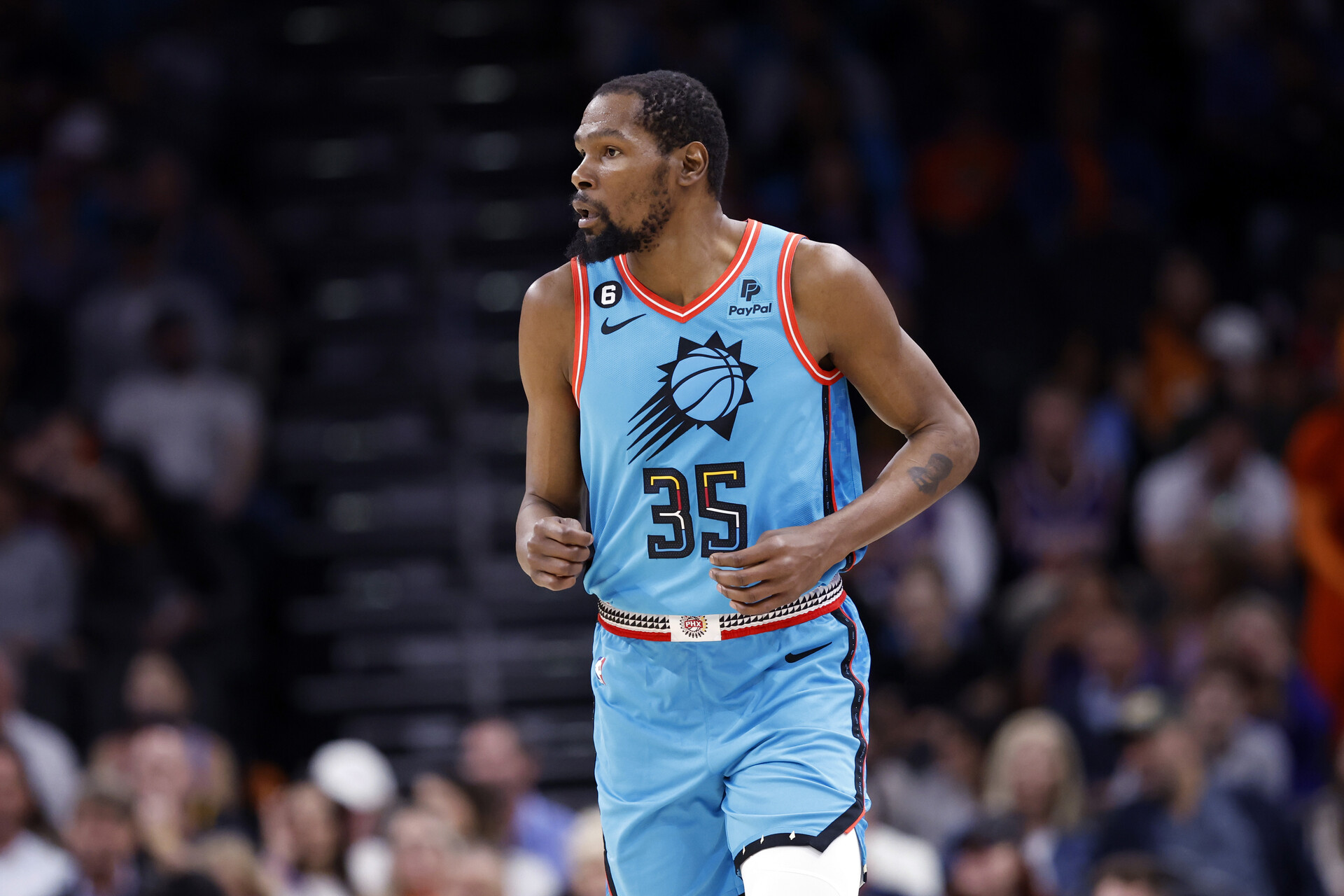 PHOENIX, ARIZONA - APRIL 04: Kevin Durant #35 of the Phoenix Suns during the game against the San Antonio Spurs at Footprint Center on April 04, 2023 in Phoenix, Arizona. The Suns beat the Spurs 115-94. NOTE TO USER: User expressly acknowledges and agrees that, by downloading and or using this photograph, User is consenting to the terms and conditions of the Getty Images License Agreement. (Photo by