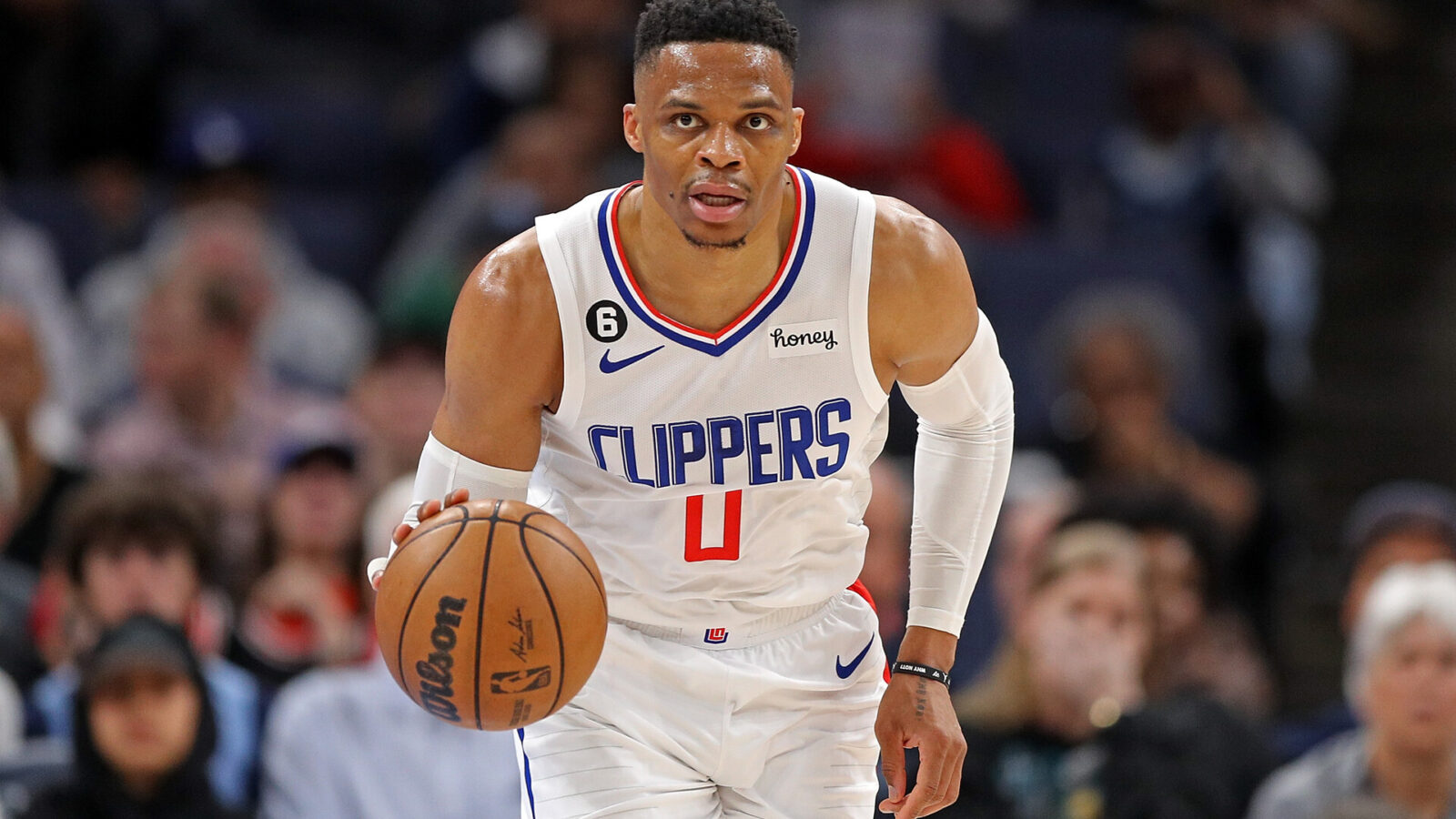 Russell Westbrook #0 of the LA Clippers brings the ball up court during the game against the Memphis Grizzlies at FedExForum on March 31, 2023 in Memphis, Tennessee.