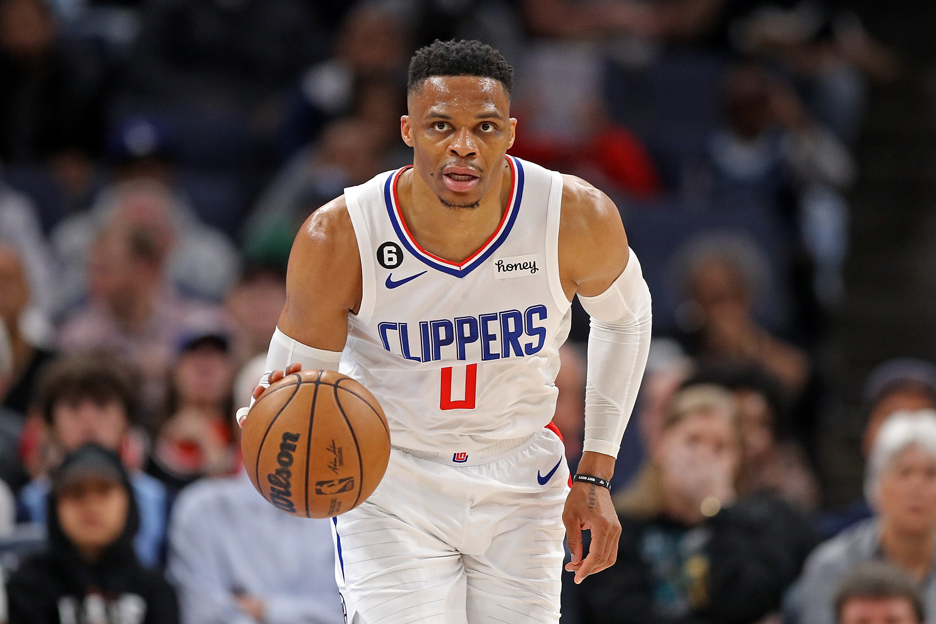 Russell Westbrook #0 of the LA Clippers brings the ball up court during the game against the Memphis Grizzlies at FedExForum on March 31, 2023 in Memphis, Tennessee.