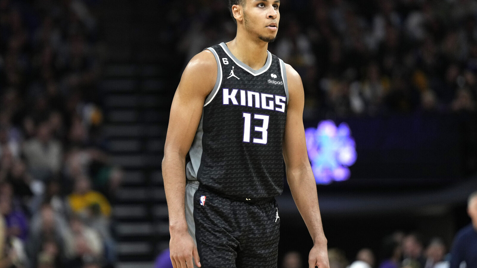 SACRAMENTO, CALIFORNIA - APRIL 07: Keegan Murray #13 of the Sacramento Kings looks on against the Golden State Warriors during the fourth quarter of an NBA basketball game at Golden 1 Center on April 07, 2023 in Sacramento, California.NOTE TO USER: User expressly acknowledges and agrees that, by downloading and or using this photograph, User is consenting to the terms and conditions of the Getty Images License Agreement.