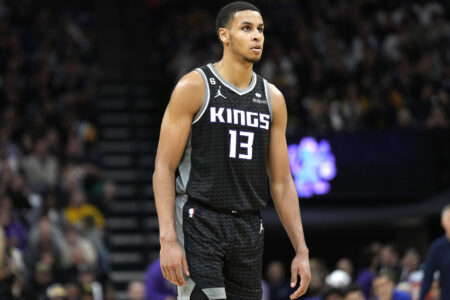 SACRAMENTO, CALIFORNIA - APRIL 07: Keegan Murray #13 of the Sacramento Kings looks on against the Golden State Warriors during the fourth quarter of an NBA basketball game at Golden 1 Center on April 07, 2023 in Sacramento, California.NOTE TO USER: User expressly acknowledges and agrees that, by downloading and or using this photograph, User is consenting to the terms and conditions of the Getty Images License Agreement.