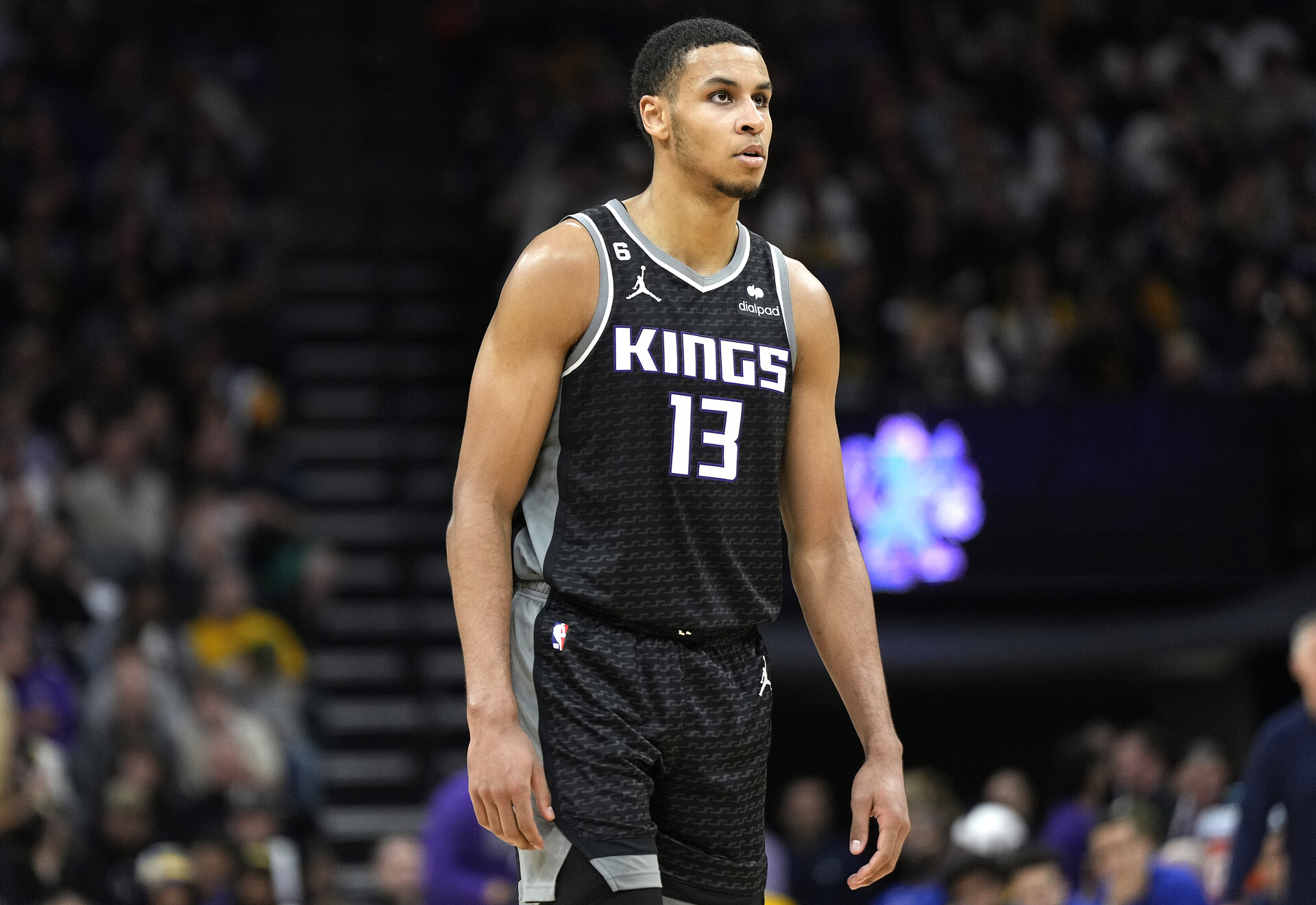 SACRAMENTO, CALIFORNIA - APRIL 07: Keegan Murray #13 of the Sacramento Kings looks on against the Golden State Warriors during the fourth quarter of an NBA basketball game at Golden 1 Center on April 07, 2023 in Sacramento, California.NOTE TO USER: User expressly acknowledges and agrees that, by downloading and or using this photograph, User is consenting to the terms and conditions of the Getty Images License Agreement.