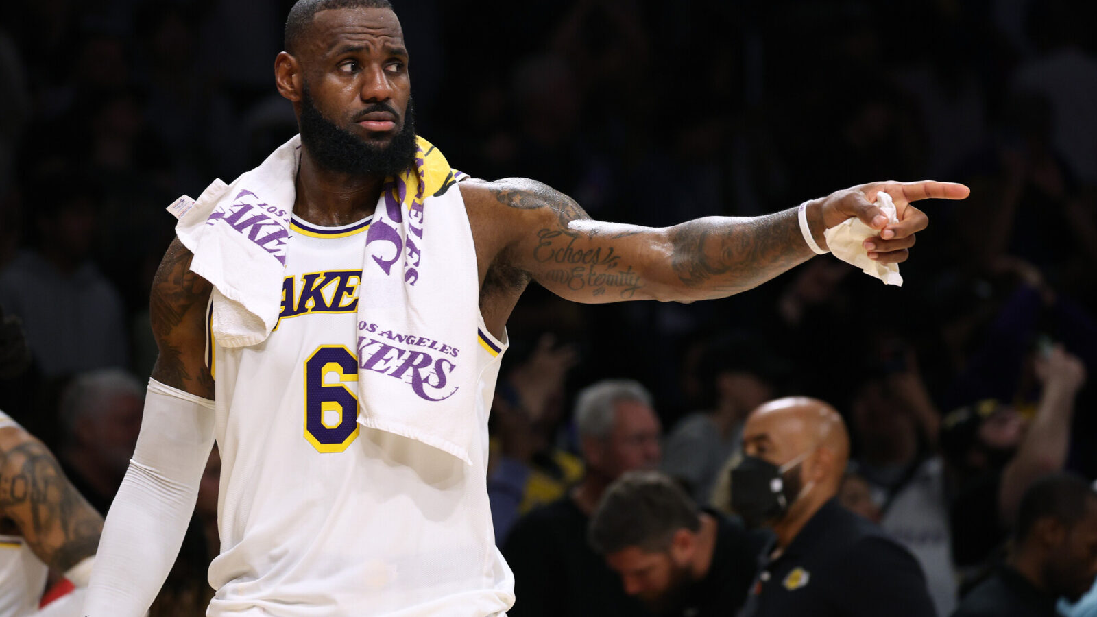 LOS ANGELES, CALIFORNIA - APRIL 09: LeBron James #6 of the Los Angeles Lakers reacts after a 128-117 win over the Utah Jazz at Crypto.com Arena on April 09, 2023 in Los Angeles, California. NOTE TO USER: User expressly acknowledges and agrees that, by downloading and or using this photograph, User is consenting to the terms and conditions of the Getty Images License Agreement. (Photo by