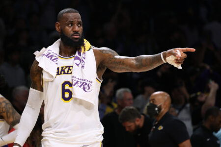 LOS ANGELES, CALIFORNIA - APRIL 09: LeBron James #6 of the Los Angeles Lakers reacts after a 128-117 win over the Utah Jazz at Crypto.com Arena on April 09, 2023 in Los Angeles, California. NOTE TO USER: User expressly acknowledges and agrees that, by downloading and or using this photograph, User is consenting to the terms and conditions of the Getty Images License Agreement. (Photo by