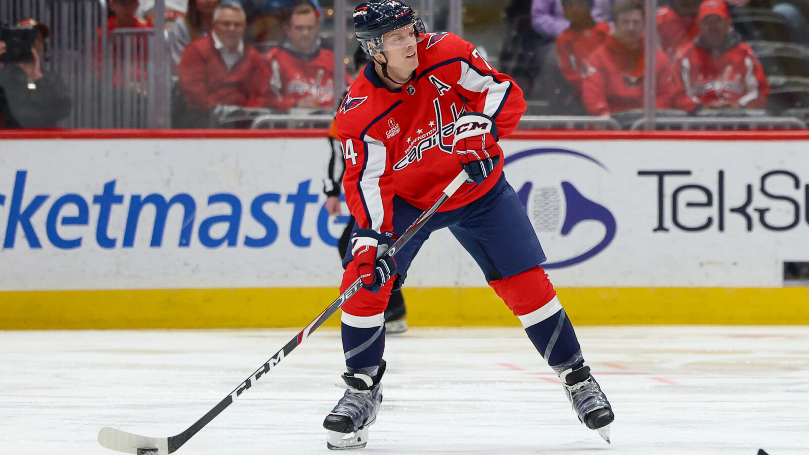 WASHINGTON, DC - APRIL 8: John Carlson #74 of the Washington Capitals looks to make a pass during a game against the Florida Panthers at Capital One Arena on April 8, 2023 in Washington, D.C. (Photo by