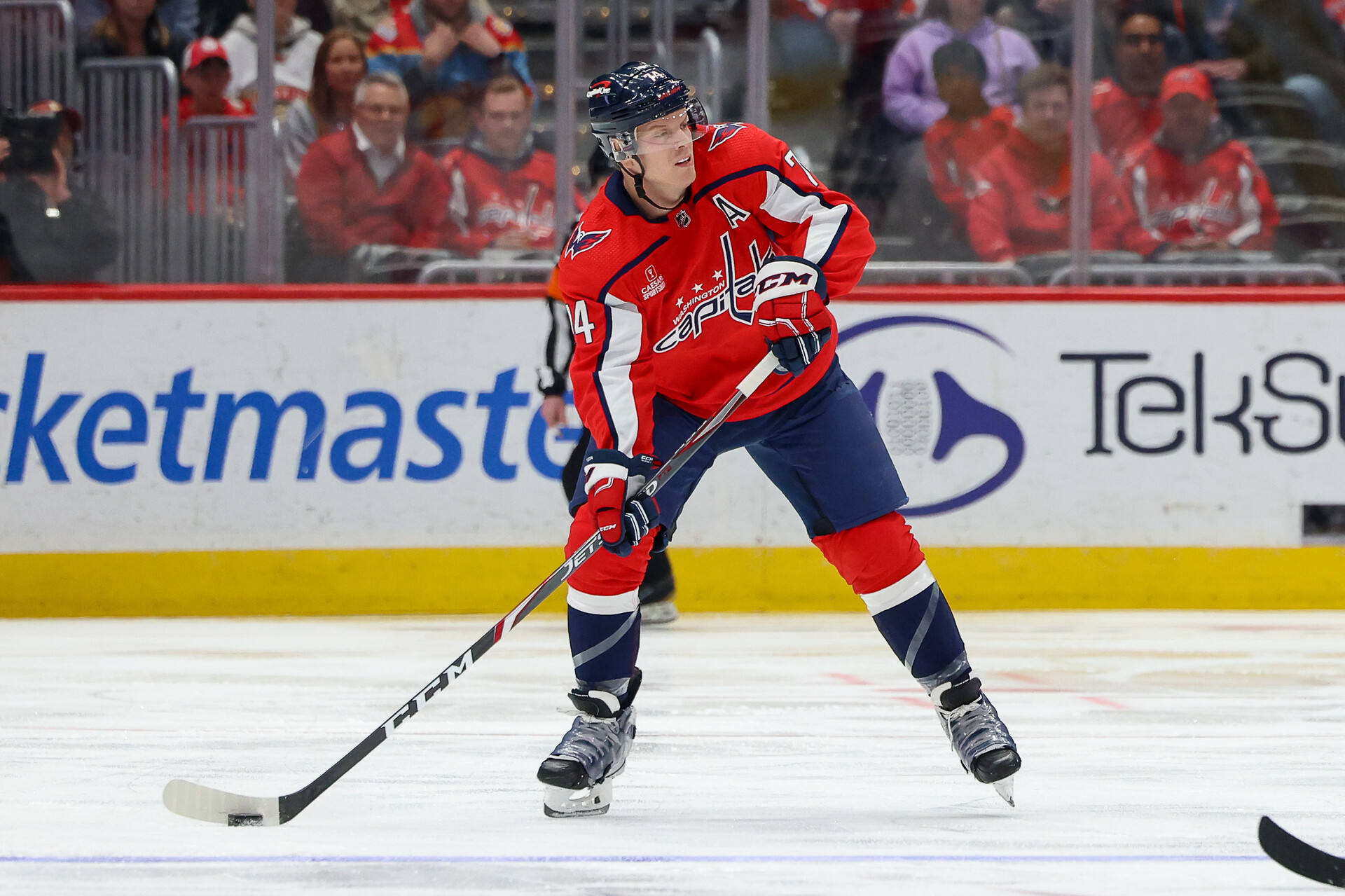 WASHINGTON, DC - APRIL 8: John Carlson #74 of the Washington Capitals looks to make a pass during a game against the Florida Panthers at Capital One Arena on April 8, 2023 in Washington, D.C. (Photo by