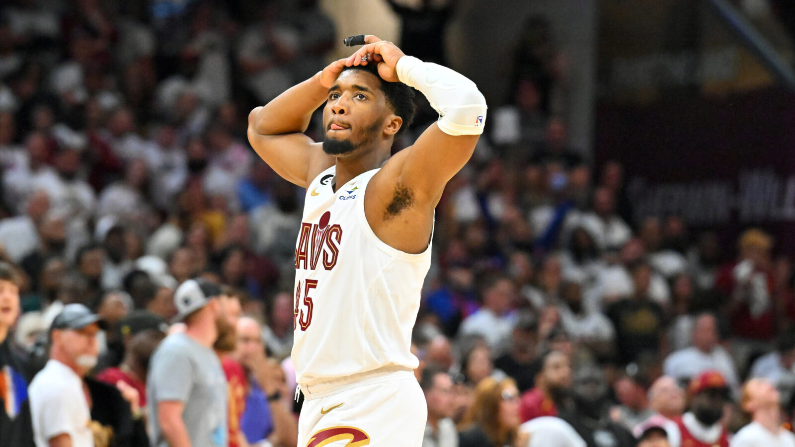 CLEVELAND, OHIO - APRIL 15: Donovan Mitchell #45 of the Cleveland Cavaliers reacts during the fourth quarter of Game One of the Eastern Conference First Round Playoffs against the New York Knicks at Rocket Mortgage Fieldhouse on April 15, 2023 in Cleveland, Ohio. The Knicks defeated the Cavaliers 101-97. NOTE TO USER: User expressly acknowledges and agrees that, by downloading and or using this photograph, User is consenting to the terms and conditions of the Getty Images License Agreement. (Photo by