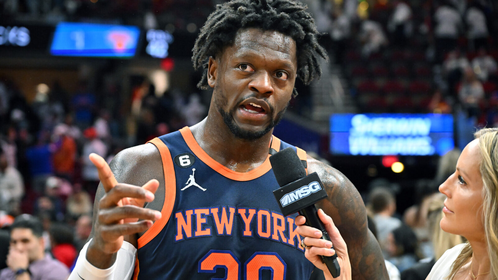 Julius Randle #30 of the New York Knicks does an interview after Game One of the Eastern Conference First Round Playoffs against the Cleveland Cavaliers at Rocket Mortgage Fieldhouse on April 15, 2023 in Cleveland, Ohio. The Knicks defeated the Cavaliers 101-97.