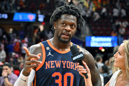 Julius Randle #30 of the New York Knicks does an interview after Game One of the Eastern Conference First Round Playoffs against the Cleveland Cavaliers at Rocket Mortgage Fieldhouse on April 15, 2023 in Cleveland, Ohio. The Knicks defeated the Cavaliers 101-97.