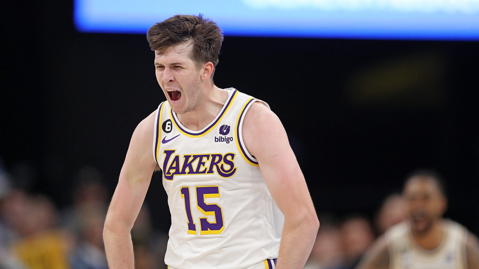 Austin Reaves #15 of the Los Angeles Lakers reacts during the game against the Memphis Grizzlies during Game One of the Western Conference First Round Playoffs at FedExForum on April 16, 2023 in Memphis, Tennessee.