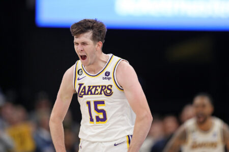 Austin Reaves #15 of the Los Angeles Lakers reacts during the game against the Memphis Grizzlies during Game One of the Western Conference First Round Playoffs at FedExForum on April 16, 2023 in Memphis, Tennessee.