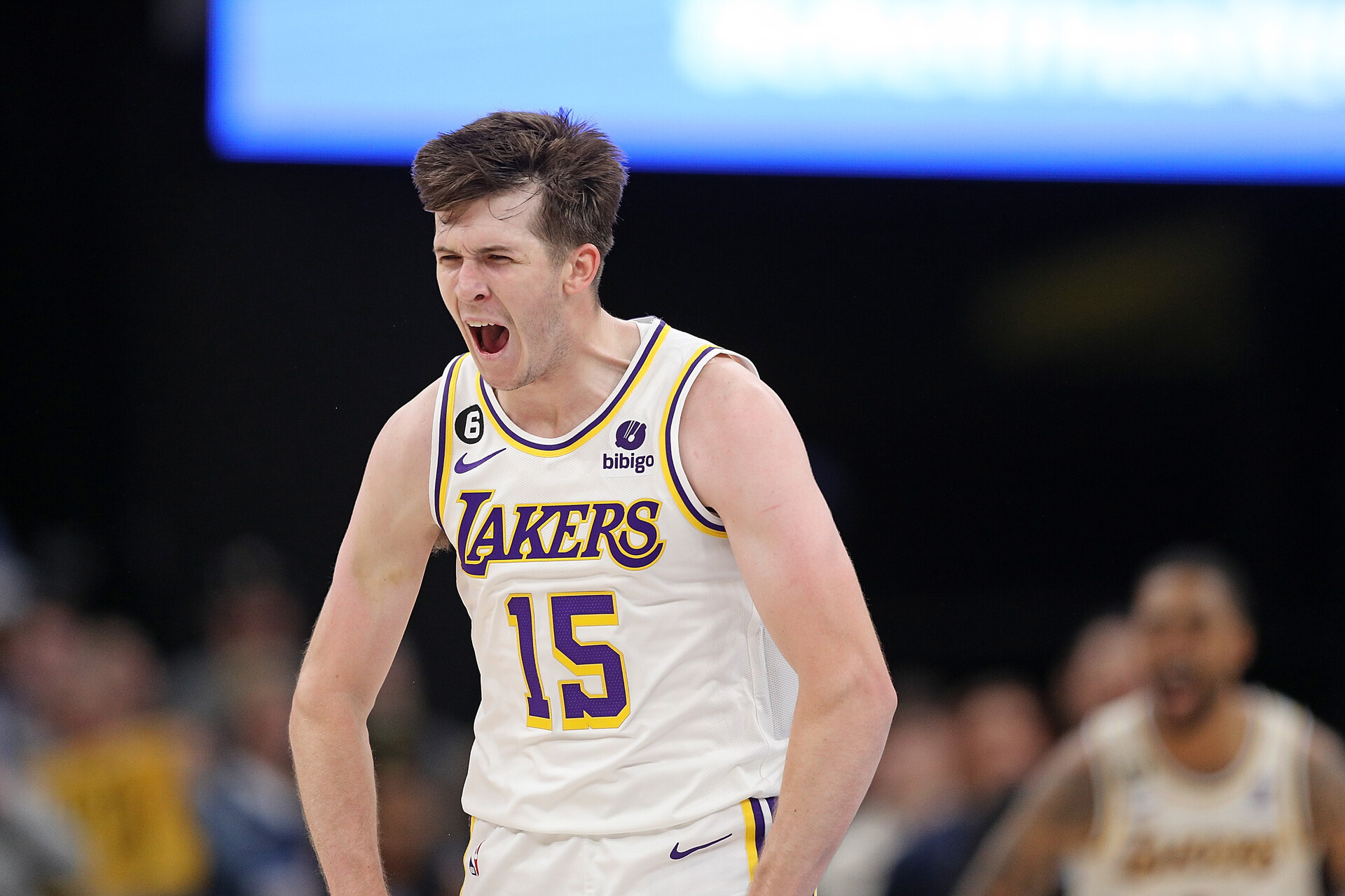 Austin Reaves #15 of the Los Angeles Lakers reacts during the game against the Memphis Grizzlies during Game One of the Western Conference First Round Playoffs at FedExForum on April 16, 2023 in Memphis, Tennessee.
