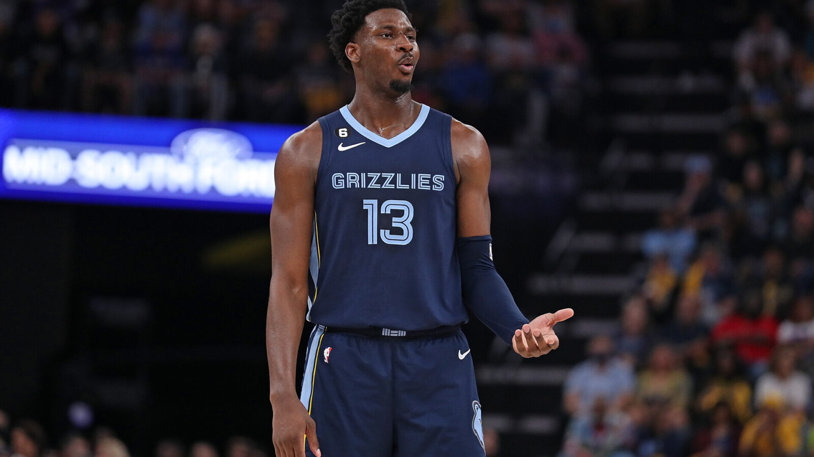 MEMPHIS, TENNESSEE - APRIL 16: Jaren Jackson Jr. #13 of the Memphis Grizzlies during the game against the Los Angeles Lakers during Game One of the Western Conference First Round Playoffs at FedExForum on April 16, 2023 in Memphis, Tennessee. NOTE TO USER: User expressly acknowledges and agrees that, by downloading and or using this photograph, User is consenting to the terms and conditions of the Getty Images License Agreement.