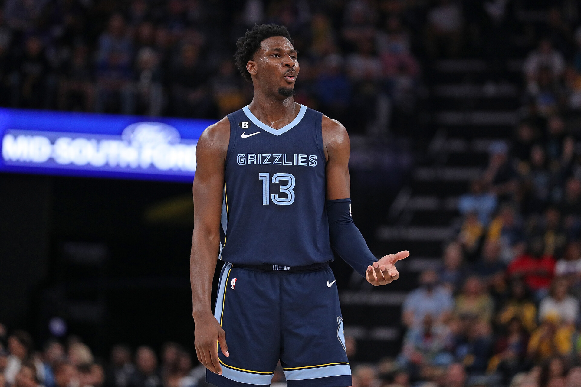 MEMPHIS, TENNESSEE - APRIL 16: Jaren Jackson Jr. #13 of the Memphis Grizzlies during the game against the Los Angeles Lakers during Game One of the Western Conference First Round Playoffs at FedExForum on April 16, 2023 in Memphis, Tennessee. NOTE TO USER: User expressly acknowledges and agrees that, by downloading and or using this photograph, User is consenting to the terms and conditions of the Getty Images License Agreement.