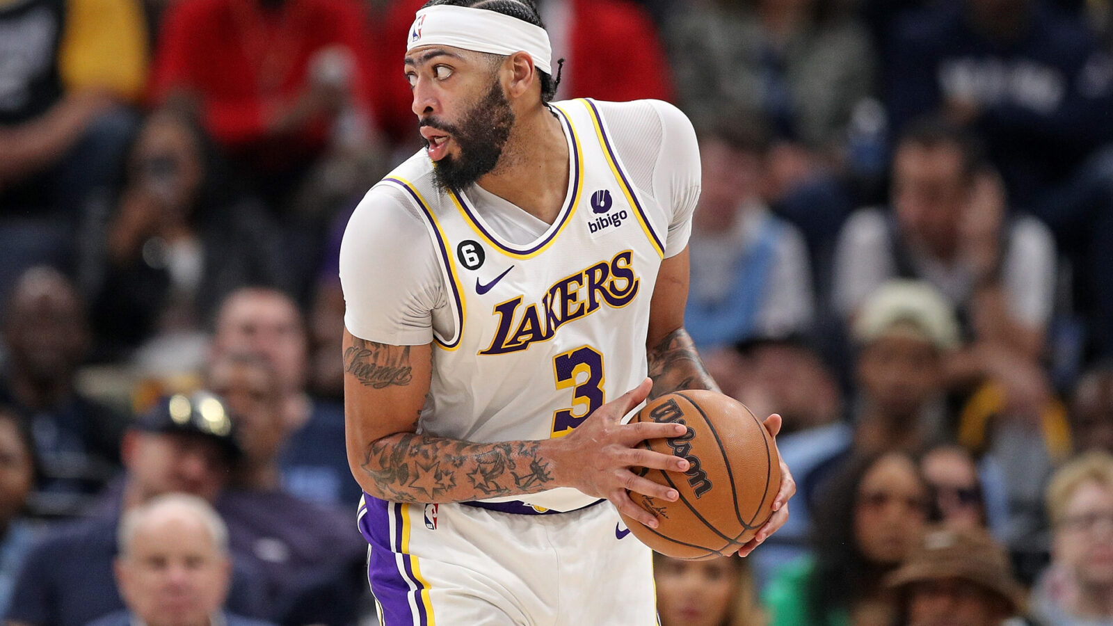 MEMPHIS, TENNESSEE - APRIL 16: Anthony Davis #3 of the Los Angeles Lakers handles the ball during the game against the Memphis Grizzlies during Game One of the Western Conference First Round Playoffs at FedExForum on April 16, 2023 in Memphis, Tennessee. NOTE TO USER: User expressly acknowledges and agrees that, by downloading and or using this photograph, User is consenting to the terms and conditions of the Getty Images License Agreement.