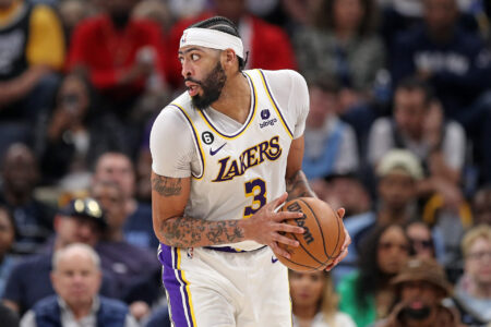 MEMPHIS, TENNESSEE - APRIL 16: Anthony Davis #3 of the Los Angeles Lakers handles the ball during the game against the Memphis Grizzlies during Game One of the Western Conference First Round Playoffs at FedExForum on April 16, 2023 in Memphis, Tennessee. NOTE TO USER: User expressly acknowledges and agrees that, by downloading and or using this photograph, User is consenting to the terms and conditions of the Getty Images License Agreement.