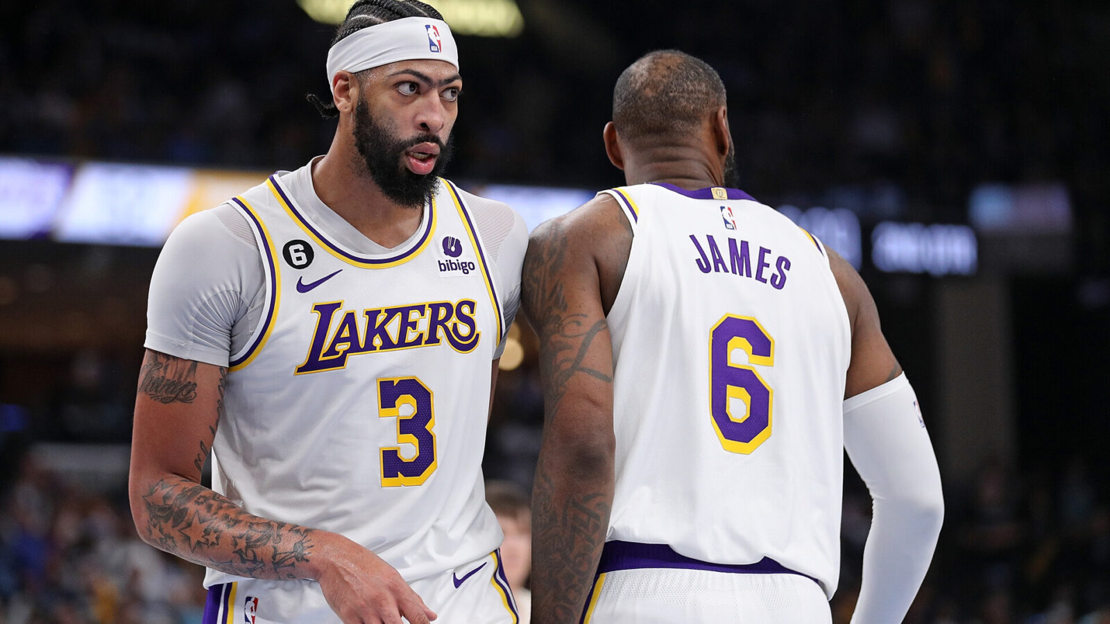 MEMPHIS, TENNESSEE - APRIL 16: Anthony Davis #3 of the Los Angeles Lakers and LeBron James #6 of the Los Angeles Lakers during the game against the Memphis Grizzlies during Game One of the Western Conference First Round Playoffs at FedExForum on April 16, 2023 in Memphis, Tennessee. NOTE TO USER: User expressly acknowledges and agrees that, by downloading and or using this photograph, User is consenting to the terms and conditions of the Getty Images License Agreement.