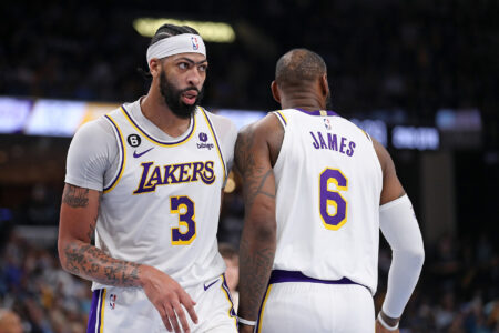 MEMPHIS, TENNESSEE - APRIL 16: Anthony Davis #3 of the Los Angeles Lakers and LeBron James #6 of the Los Angeles Lakers during the game against the Memphis Grizzlies during Game One of the Western Conference First Round Playoffs at FedExForum on April 16, 2023 in Memphis, Tennessee. NOTE TO USER: User expressly acknowledges and agrees that, by downloading and or using this photograph, User is consenting to the terms and conditions of the Getty Images License Agreement.
