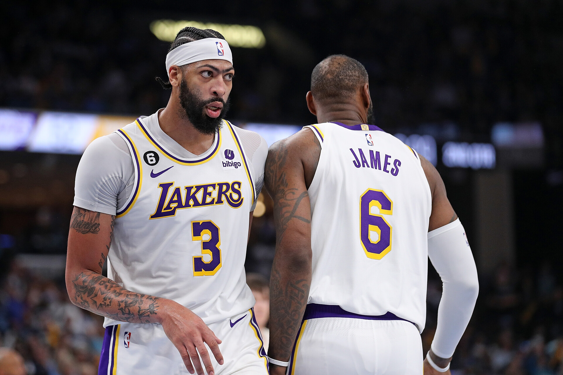 MEMPHIS, TENNESSEE - APRIL 16: Anthony Davis #3 of the Los Angeles Lakers and LeBron James #6 of the Los Angeles Lakers during the game against the Memphis Grizzlies during Game One of the Western Conference First Round Playoffs at FedExForum on April 16, 2023 in Memphis, Tennessee. NOTE TO USER: User expressly acknowledges and agrees that, by downloading and or using this photograph, User is consenting to the terms and conditions of the Getty Images License Agreement.