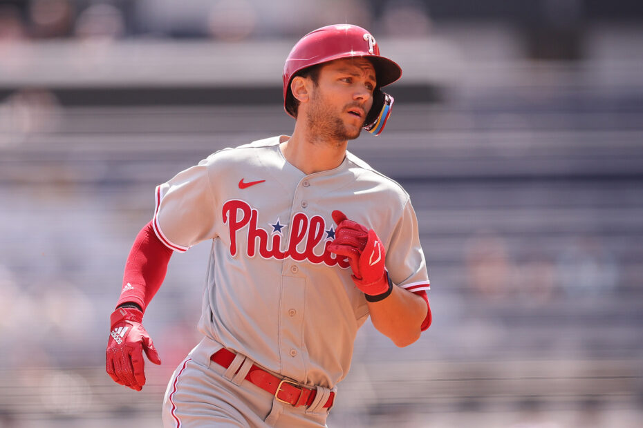 Trea Turner #7 of the Philadelphia Phillies rounds the bases after hitting a solo home run during the first inning against the Chicago White Sox at Guaranteed Rate Field on April 19, 2023 in Chicago, Illinois.