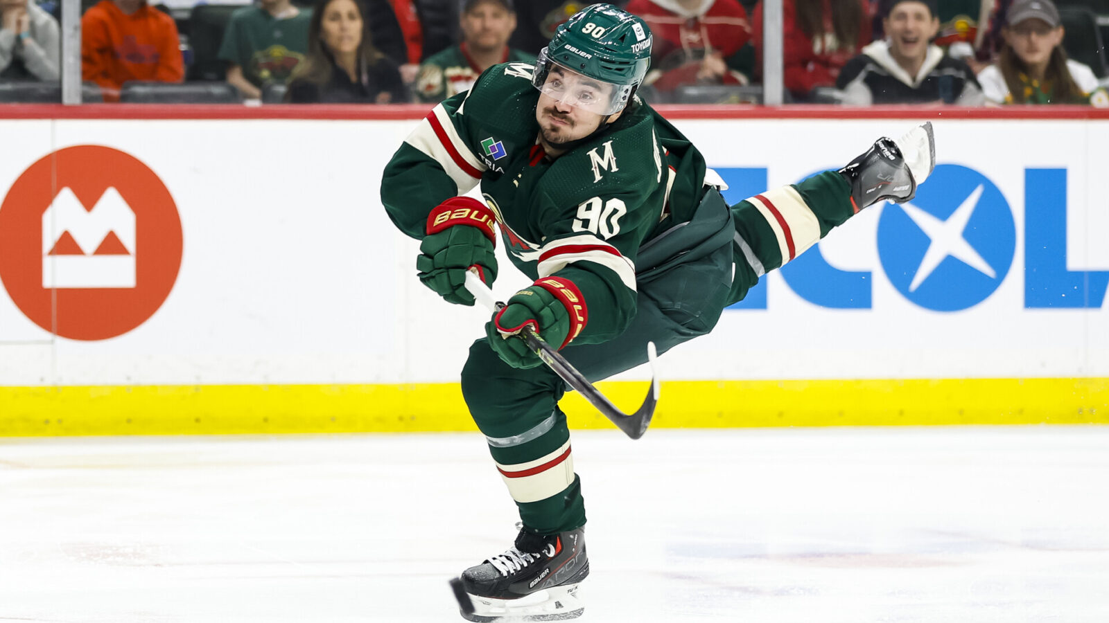 ST PAUL, MN - APRIL 21: Marcus Johansson #90 of the Minnesota Wild shoots the puck to score a goal against the Dallas Stars in the second period of Game Three of the First Round of the 2023 Stanley Cup Playoffs at Xcel Energy Center on April 21, 2023 in St Paul, Minnesota. The Wild defeated the Stars 2-1 to take a 2-1 series lead.