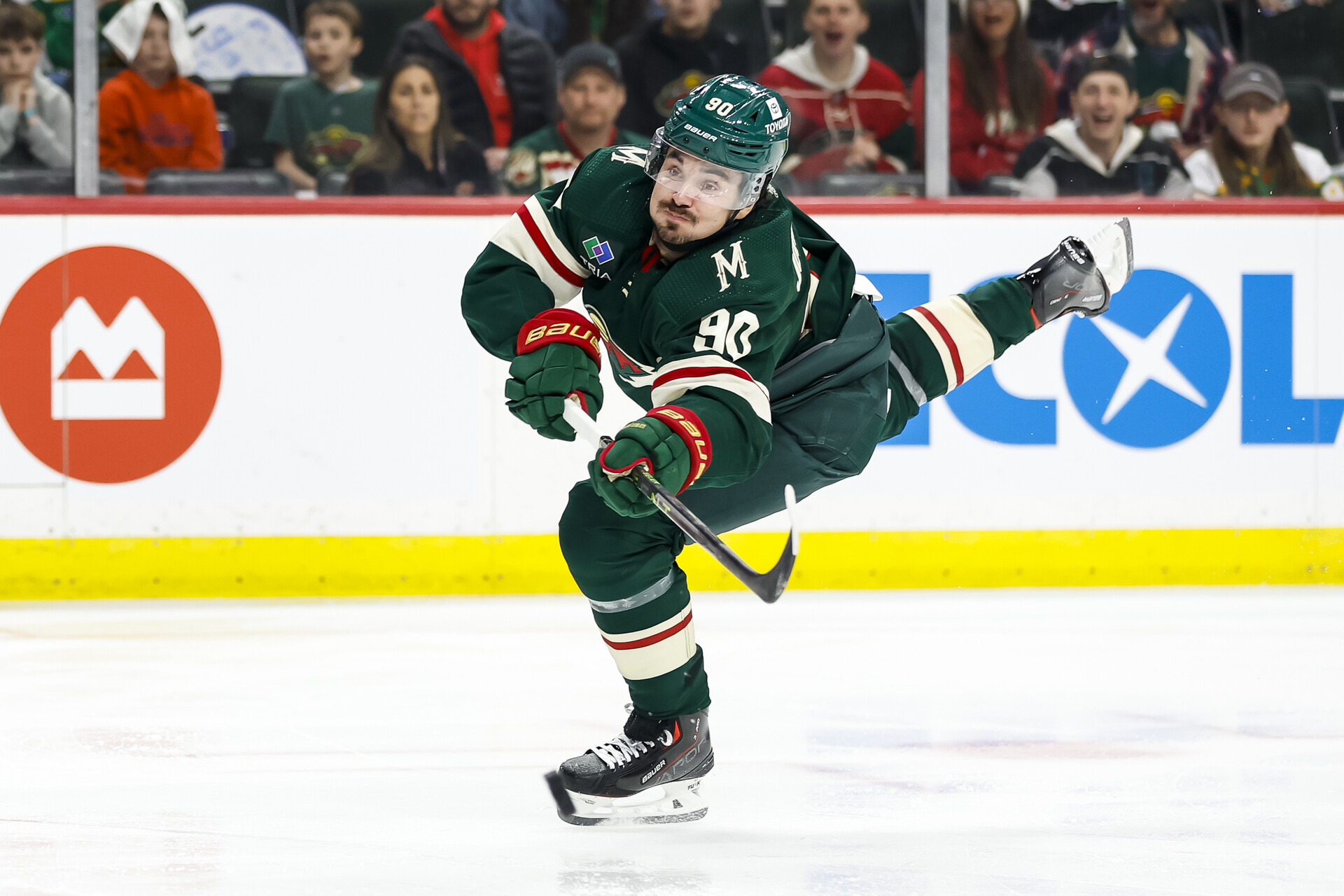ST PAUL, MN - APRIL 21: Marcus Johansson #90 of the Minnesota Wild shoots the puck to score a goal against the Dallas Stars in the second period of Game Three of the First Round of the 2023 Stanley Cup Playoffs at Xcel Energy Center on April 21, 2023 in St Paul, Minnesota. The Wild defeated the Stars 2-1 to take a 2-1 series lead.