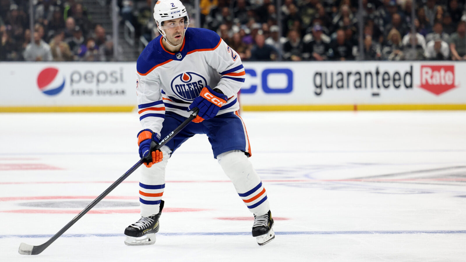 LOS ANGELES, CALIFORNIA - APRIL 21: Evan Bouchard #2 of the Edmonton Oilers skates to the puck during a 3-2 Los Angeles Kings win in overtime in Game Three of the First Round of the 2023 Stanley Cup Playoffs at Crypto.com Arena on April 21, 2023 in Los Angeles, California.