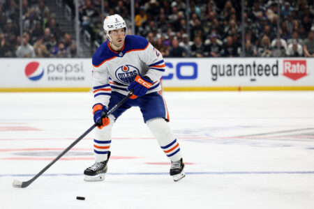 LOS ANGELES, CALIFORNIA - APRIL 21: Evan Bouchard #2 of the Edmonton Oilers skates to the puck during a 3-2 Los Angeles Kings win in overtime in Game Three of the First Round of the 2023 Stanley Cup Playoffs at Crypto.com Arena on April 21, 2023 in Los Angeles, California.