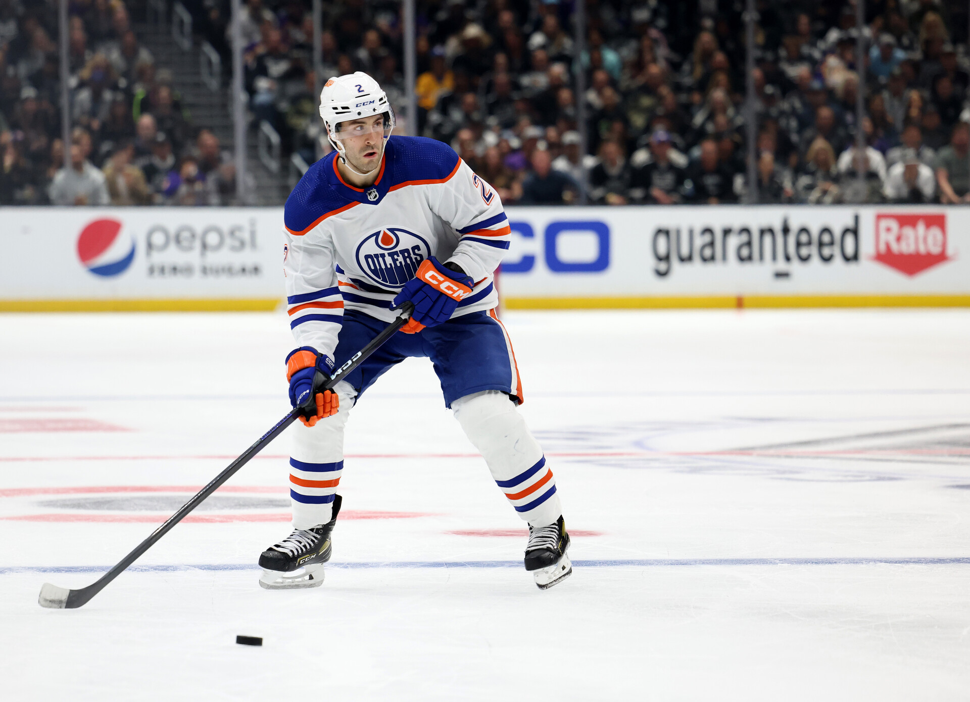 LOS ANGELES, CALIFORNIA - APRIL 21: Evan Bouchard #2 of the Edmonton Oilers skates to the puck during a 3-2 Los Angeles Kings win in overtime in Game Three of the First Round of the 2023 Stanley Cup Playoffs at Crypto.com Arena on April 21, 2023 in Los Angeles, California.