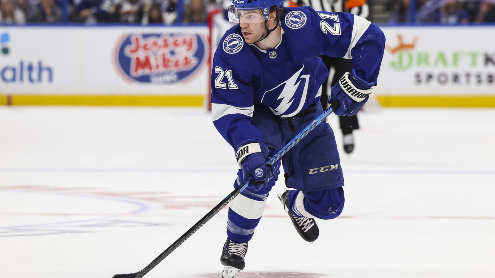 TAMPA, FL - APRIL 22: Brayden Point #21 of the Tampa Bay Lightning against the Toronto Maple Leafs during the first period in Game Three of the First Round of the 2023 Stanley Cup Playoffs at Amalie Arena on April 22, 2023 in Tampa, Florida.