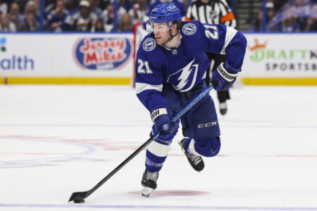 TAMPA, FL - APRIL 22: Brayden Point #21 of the Tampa Bay Lightning against the Toronto Maple Leafs during the first period in Game Three of the First Round of the 2023 Stanley Cup Playoffs at Amalie Arena on April 22, 2023 in Tampa, Florida.