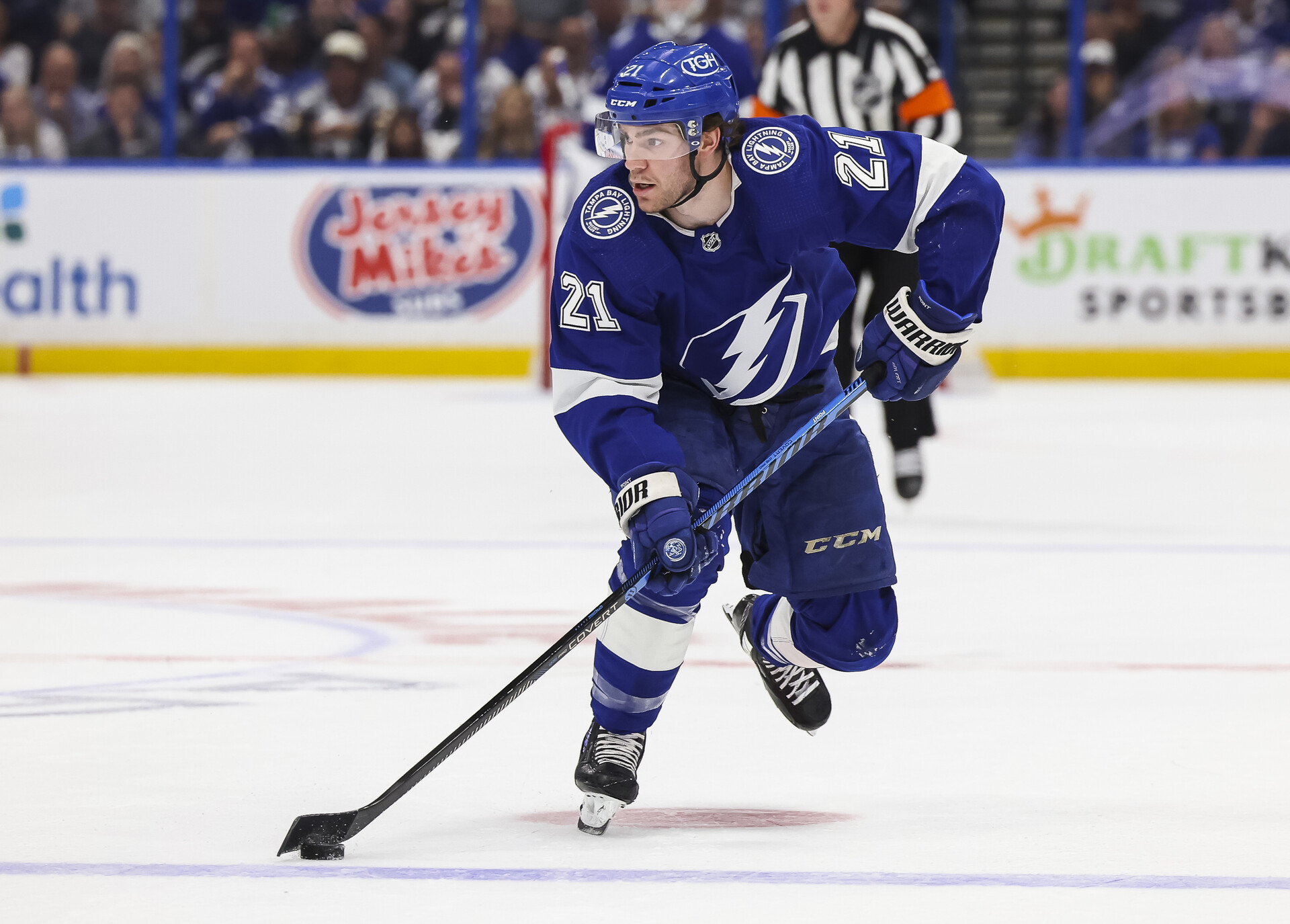 TAMPA, FL - APRIL 22: Brayden Point #21 of the Tampa Bay Lightning against the Toronto Maple Leafs during the first period in Game Three of the First Round of the 2023 Stanley Cup Playoffs at Amalie Arena on April 22, 2023 in Tampa, Florida.