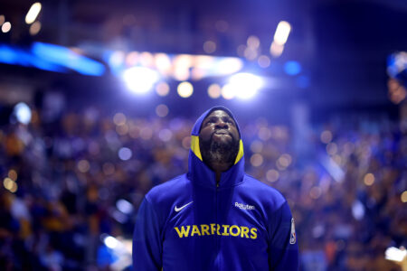 Draymond Green #23 of the Golden State Warriors stands on the court before their game against the Sacramento Kings in Game Four of the Western Conference First Round Playoffs at Chase Center on April 23, 2023 in San Francisco, California.