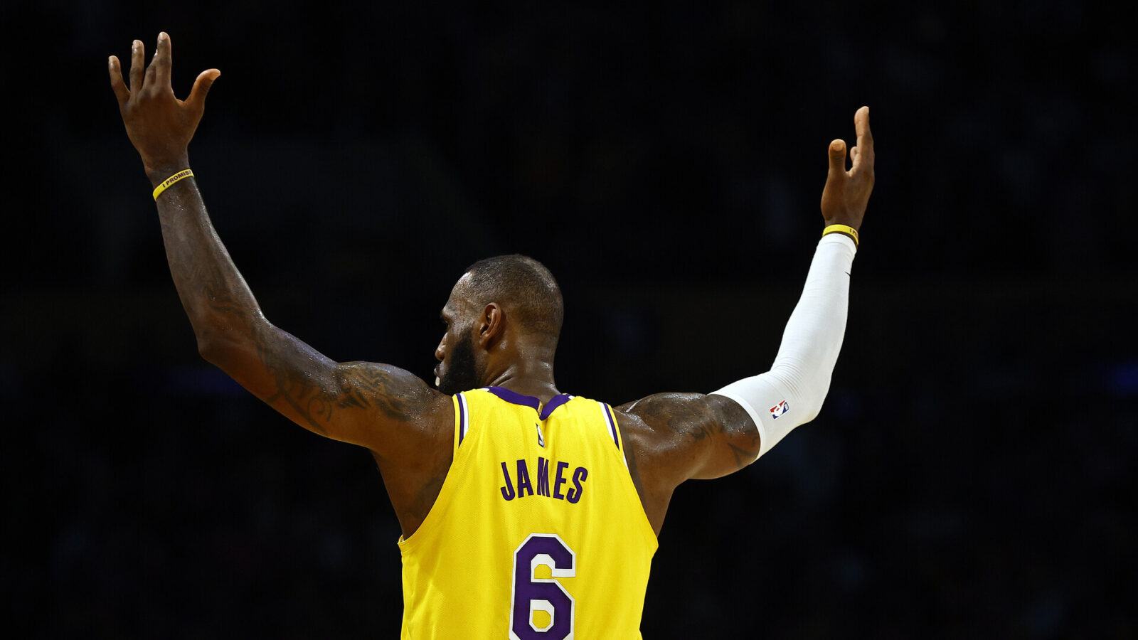 LeBron James #6 of the Los Angeles Lakers reacts against the Memphis Grizzlies in overtime of Game Four of the Western Conference First Round Playoffs at Crypto.com Arena on April 24, 2023 in Los Angeles, California.