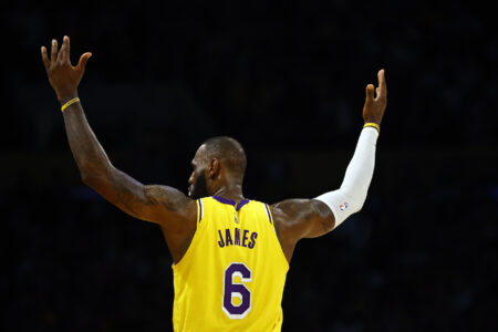 LeBron James #6 of the Los Angeles Lakers reacts against the Memphis Grizzlies in overtime of Game Four of the Western Conference First Round Playoffs at Crypto.com Arena on April 24, 2023 in Los Angeles, California.